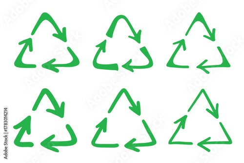 Set of hand drawn recycle arrow icon Recycling resources symbol Reuse of materials, zero waste, green environment, saving the planet
