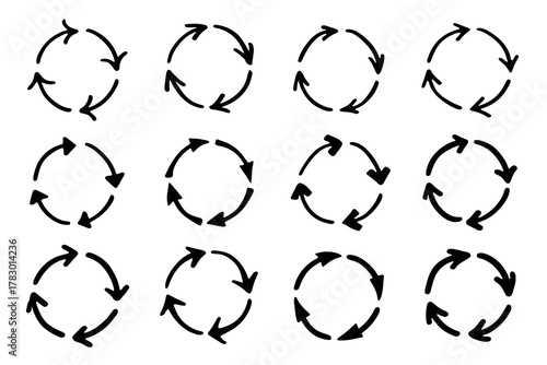 Set of hand drawn recycle arrow icon Recycling resources symbol Reuse of materials, zero waste, green environment, saving the planet