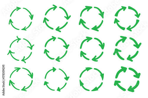 Set of hand drawn recycle arrow icon Recycling resources symbol Reuse of materials, zero waste, green environment, saving the planet
