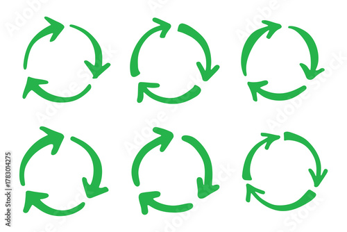 Set of hand drawn recycle arrow icon Recycling resources symbol Reuse of materials, zero waste, green environment, saving the planet
