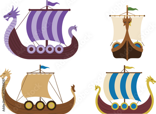 Cartoon Viking ship illustrations, dragon figurehead sailboats, Norse maritime vector set, colorful historical boat icons, Scandinavian sea travel design pack