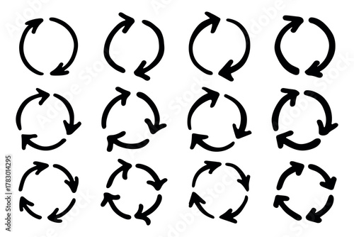 Set of hand drawn recycle arrow icon Recycling resources symbol Reuse of materials, zero waste, green environment, saving the planet