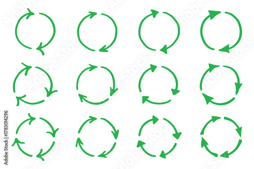 Set of hand drawn recycle arrow icon Recycling resources symbol Reuse of materials, zero waste, green environment, saving the planet
