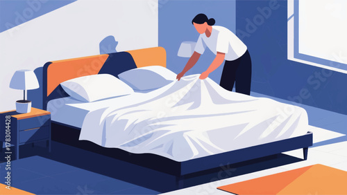 Illustration Vector Woman Changing The Bedding With Fresh, Crisp White Sheets, Emphasizing The Comfort Of A Clean Bed Vector Design Template