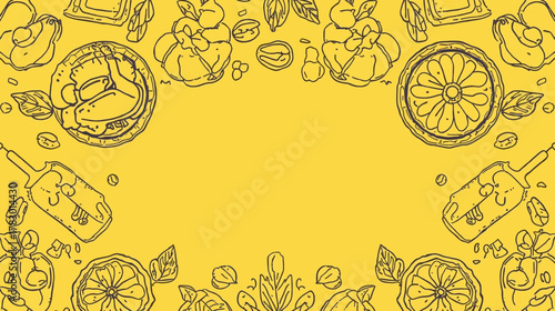 A vibrant yellow background adorned with hand-drawn food illustrations, including lemons, avocado, and popsicles, creating a cheerful and inviting design.