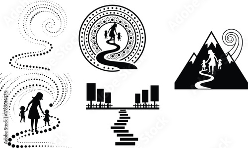 Stylized silhouette illustration set, adult and children walking, spiral path, cityscape, mountain journey, perfect for emotional clipart, vector art, symbolic icon pack