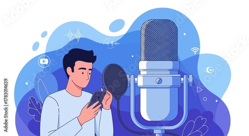 Podcasting and audio recording concept with a man using a smartphone near a studio microphone
