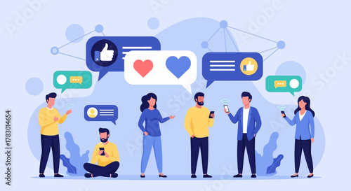 Social media interaction and communication with likes and hearts symbols in chat bubbles and network connections