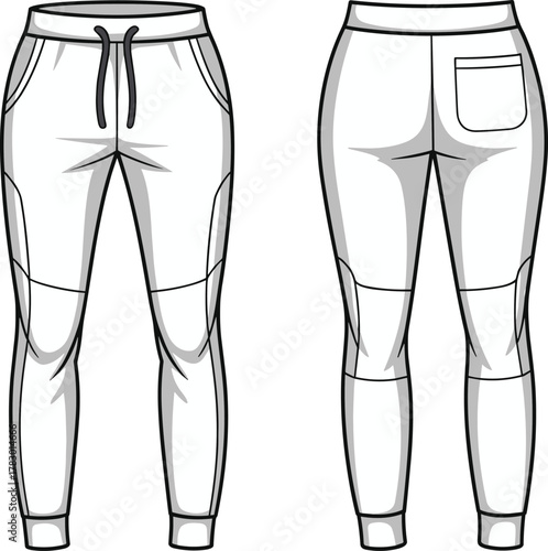 PrintFashion jogger pants front and back view, modern sweatpants design, unisex casual wear template, vector illustration, technical drawing, apparel sketch, clothing design