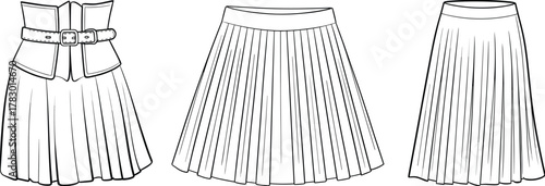 PrintFashion pleated skirt design illustration, elegant women clothing flat sketch, trendy midi skirt template, detailed vector outline, stylish apparel drawing