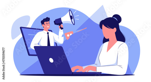 Marketing professional using a laptop and a megaphone for online promotion and communication