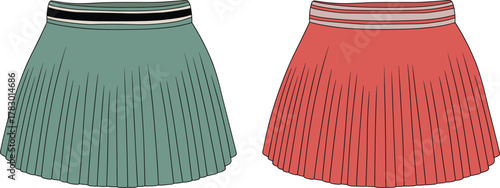 PrintFashion pleated skirt front view, women’s mini skirt vector illustration, stylish casual wear design, modern apparel flat sketch template