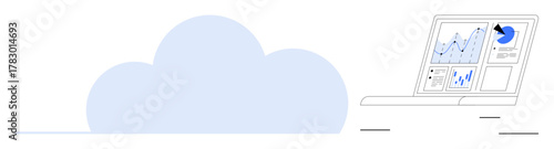 Laptop displaying data charts and graphs alongside a cloud, symbolizing analytics, storage, and connectivity. Ideal for innovation, technology, cloud computing, big data, efficiency remote work