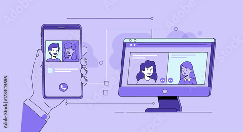 Online video calls and virtual meetings on different devices like phone and computer
