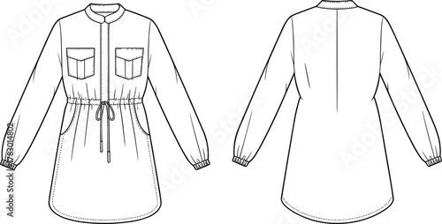 PrintFashion technical flat sketch of women’s long sleeve tunic top, front and back view, drawstring waist, chest pockets, casual dress design