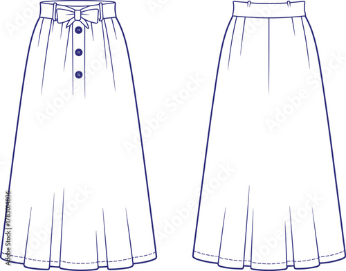 PrintFashion technical flat sketch of women’s midi skirt, front and back view, high waist, button down, bow belt, elegant apparel design