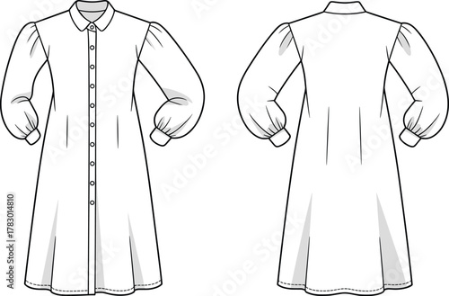 PrintFashion technical flat sketch of women’s long sleeve shirt dress, front and back view, button down design, puff sleeves, elegant apparel illustration