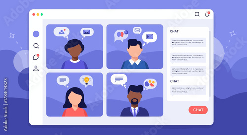 Online meeting interface with diverse people participating in a virtual conference call