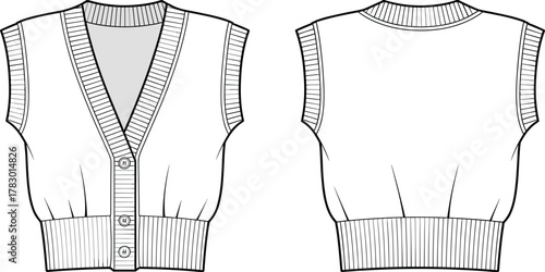 PrintFashion vector illustration of sleeveless button vest front and back view, classic knitwear design, ribbed edges, trendy apparel flat sketch, template
