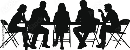 Team meeting silhouette, business discussion illustration, black and white artwork, collaboration concept, leadership scene, corporate table talk, vintage style