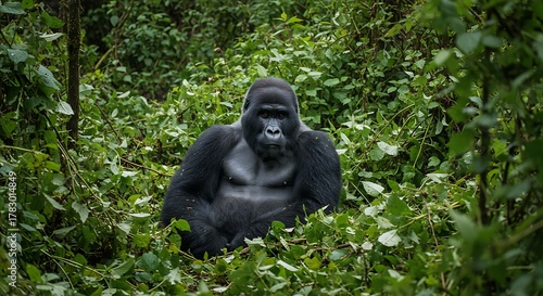 Majestic Silverback Gorilla in Lush Green Jungle Habitat.