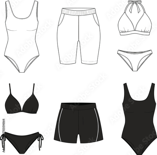 Swimwear and athletic wear silhouettes, bikini styles, one-piece swimsuit, sports shorts, fashion design set, black vector apparel icons
