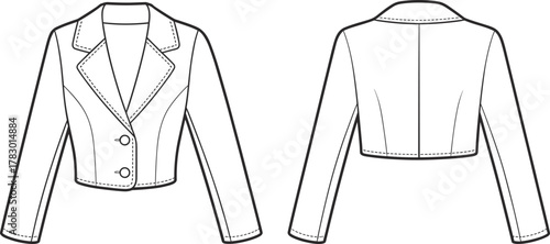 PrintFashionable cropped women’s blazer jacket technical flat sketch, front and back view, modern tailored coat design, professional vector template, fashion illustration
