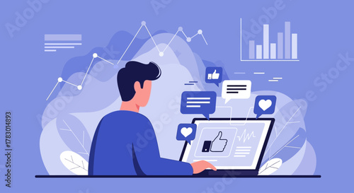 Digital Marketing and Social Media Engagement with Analytics and Engagement Icons on Laptop Screen