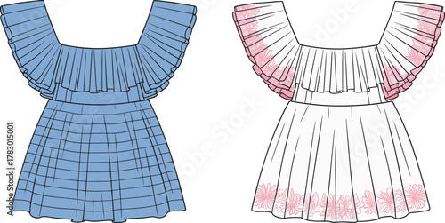 PrintFashionable women ruffle tops, blue and white pleated blouses with floral embroidery design, stylish feminine summer outfit illustration for fashion inspiration