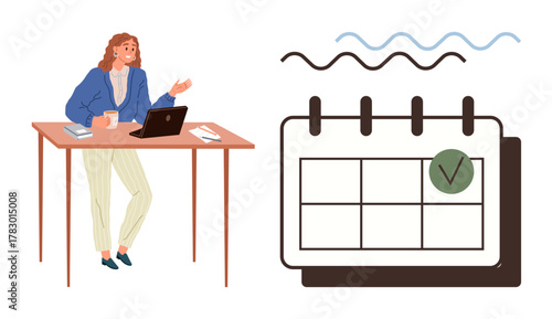 Woman sitting at desk with coffee, laptop, and books, next to a large calendar with a checkmark. Ideal for time management, productivity, meeting planning, deadlines, organization work-life balance