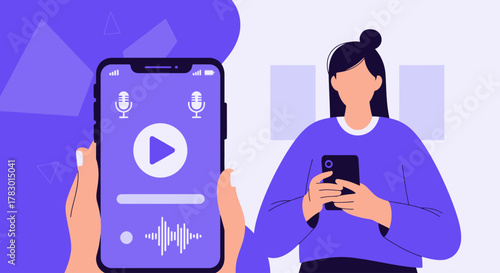 Illustration of a person recording audio on a smartphone with a waveform displayed