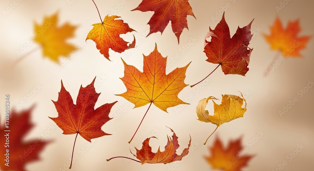 Fototapeta premium Capture the Essence of Autumn with Vibrant Maple Leaves Falling Gently, Perfect for Seasonal Greetings, Thanksgiving Designs, and Warm, Cozy Backgrounds this Fall