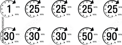 Timer icons, countdown symbols, time management, minute intervals, productivity graphic, clock arrows, scheduling tool, black silhouette, circular design