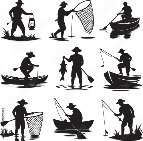 Fishermen Silhouettes Collection Catching Fish and Enjoying Outdoor Activities