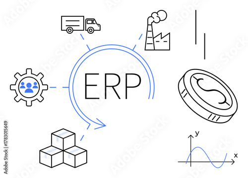 ERP at the center, linking logistics truck, factory, supply chain cogwheel, bar chart, coin, cubes, and graph. Ideal for management logistics finance production optimization analytics simple