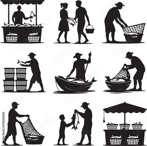 Fishing industry and fishermen silhouettes engaged in various activities graphic illustration
