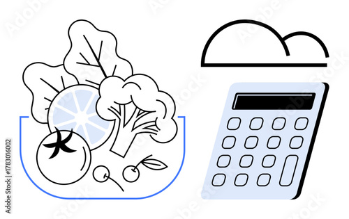 Fresh salad vegetables thumbs up tomato, broccoli, and lettuce beside digital calculator and abstract cloud. Ideal for nutrition, cooking, budgeting, healthy lifestyle, diet planning, food tracking