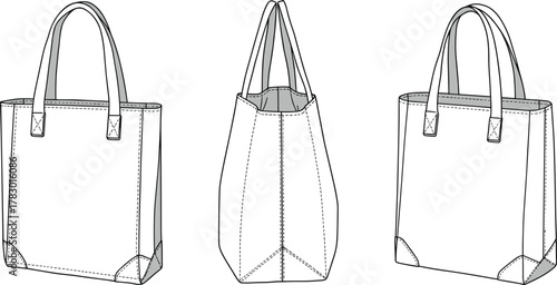 Tote bag technical drawing, front side back views, fashion design, sewing pattern, bag construction, product blueprint, accessory sketch