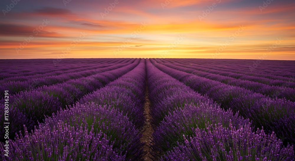 Fototapeta premium Lavender Field at Sunset - A Serene Landscape of Purple and Gold.