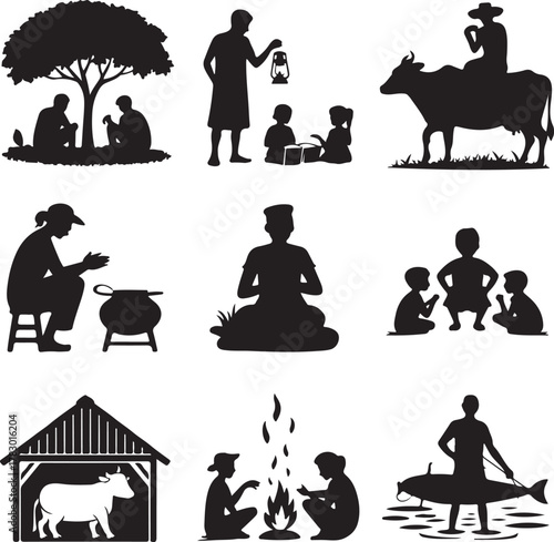 Rural village life scenes depicted in silhouette vector illustration design