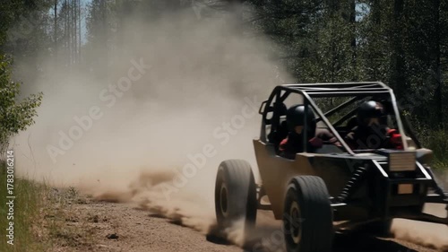 A desert buggy racing through the dust on a dirt road Stock Video