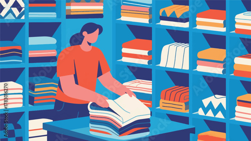 Illustration Vector Woman Folding Laundry Neatly Using A Clever Organizational Technique Vector Design Template