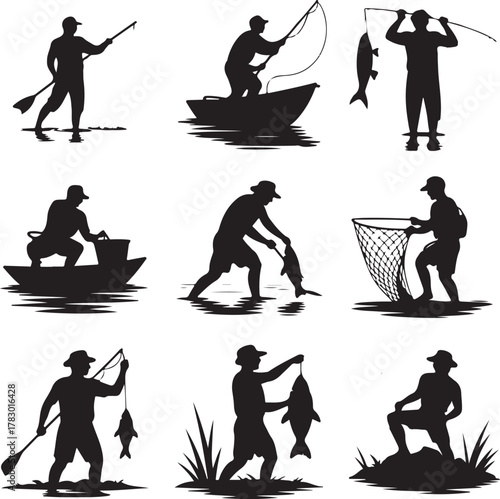 Set of Fisherman Silhouettes with Various Fishing Activities in Vector