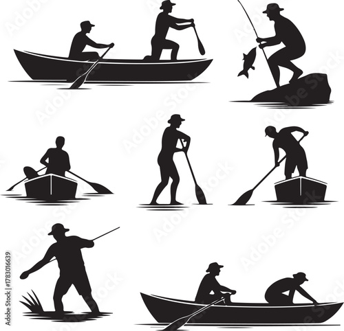 Silhouette collection of people boating fishing rowing and water activities