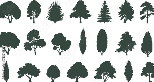Tree silhouette collection in varied shapes and foliage styles, green botanical icons for landscape design, nature, ecology and illustration themes