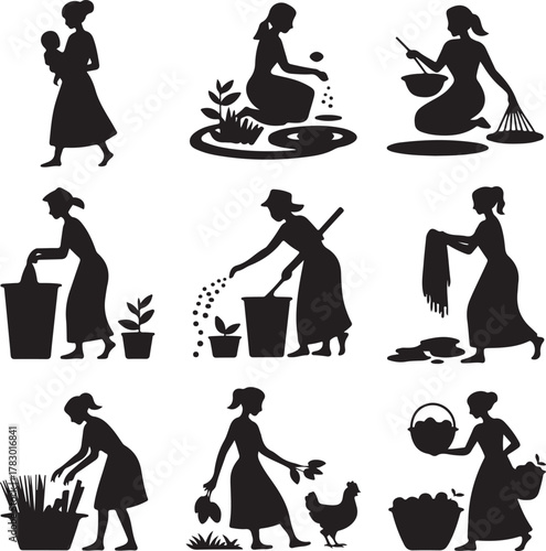 Silhouette collection of women in different household activities farming illustration