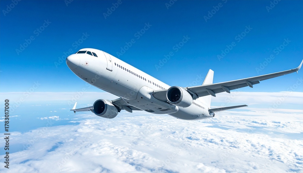 Obraz premium Airplane Flying Above Clouds in Bright Blue Sky