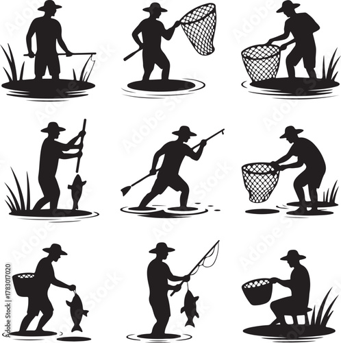 Silhouette Fisherman in Various Poses Catching Fish with Rod and Net