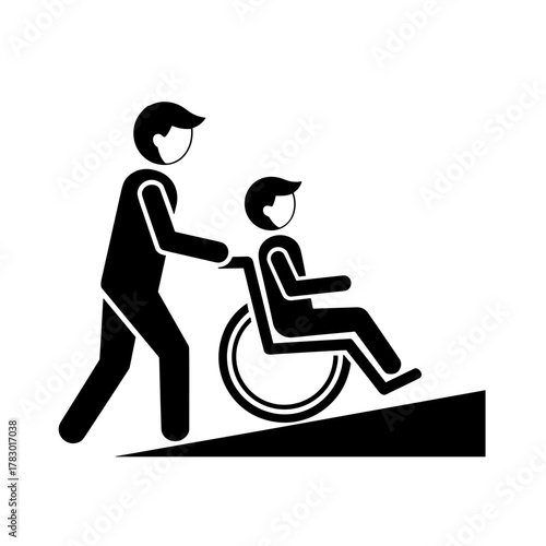 Person assisting a wheelchair user over a ramp, minimalistic black-and-white design, on a transparent background