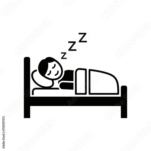 Person sleeping peacefully in bed, minimalistic black-and-white design, on a transparent background